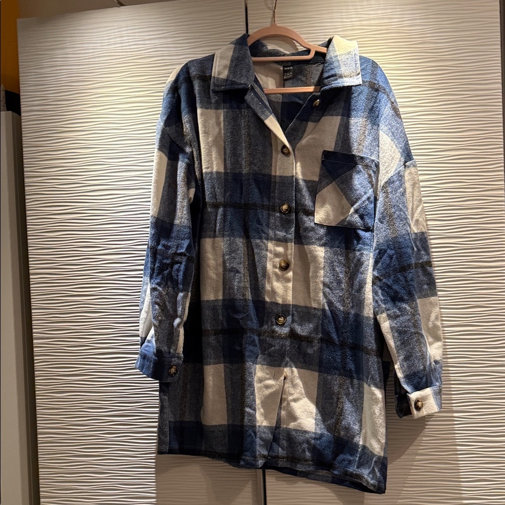 SHEIN Blue and White Checkered Utility Jacket